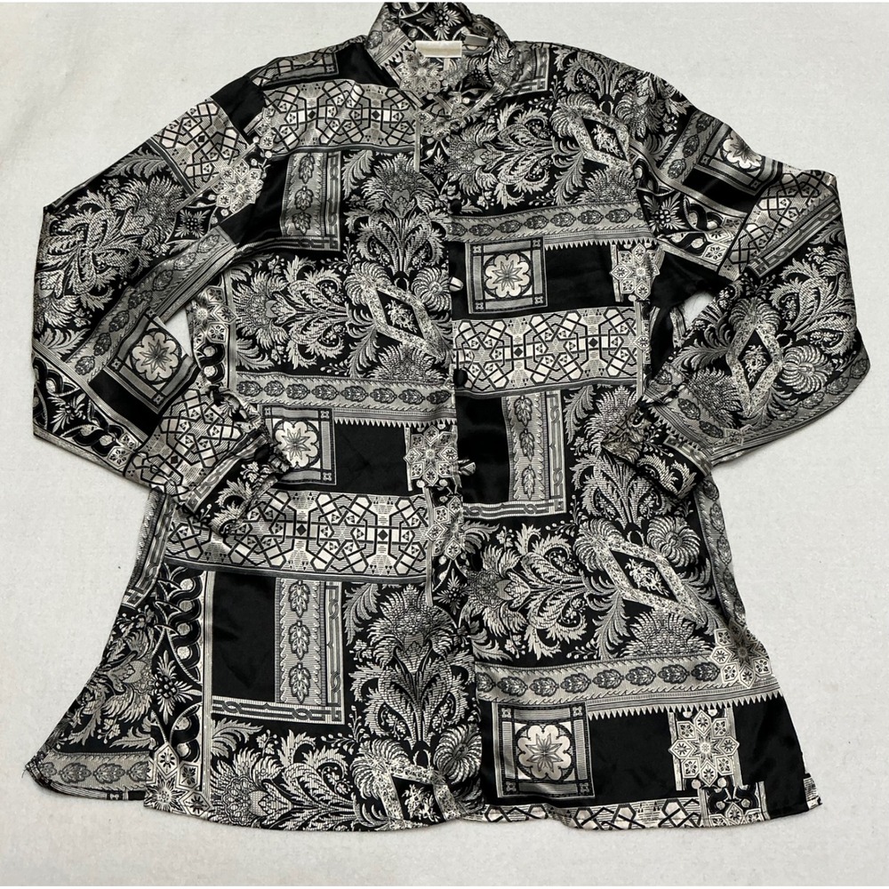 Vintage Christie & Jill Black Ivory Baroque Print Blouse 80s 90s Large